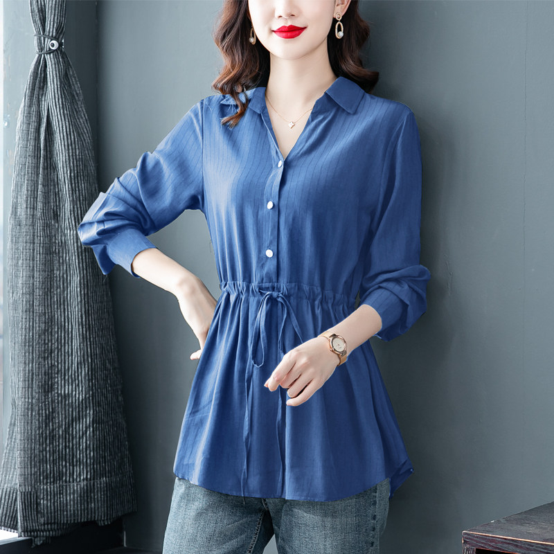 时尚减龄长袖打底衬衫雪纺宽松显瘦遮肚子收腰上衣春秋新款女装