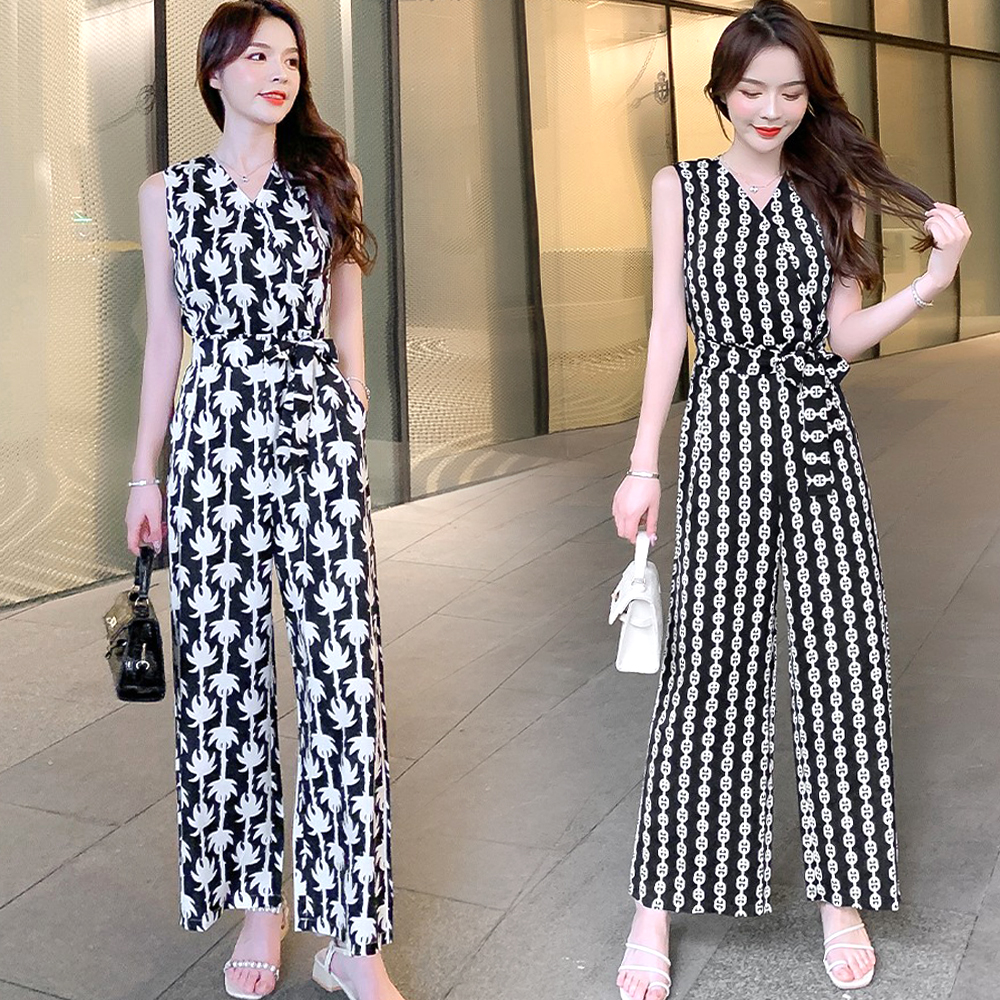 无袖V领连衣裤格子碎花连衣阔腿九分裤套装显瘦高腰垂感女ins夏季