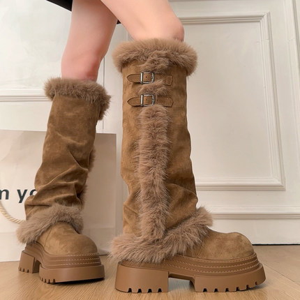 7cm厚底毛毛雪地靴女2025冬季新款东北高筒靴子加绒不过膝长筒靴