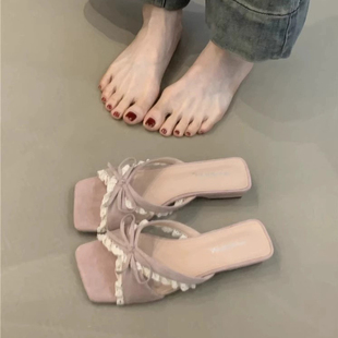 温柔仙女凉拖鞋 女2025年夏季 法式 甜美配裙子蝴蝶结露趾一字带凉鞋