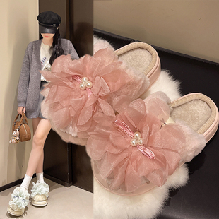 韩版 一脚蹬软底棉拖鞋 网纱花朵毛绒绒拖鞋 保暖居家拖鞋 女冬季 时尚