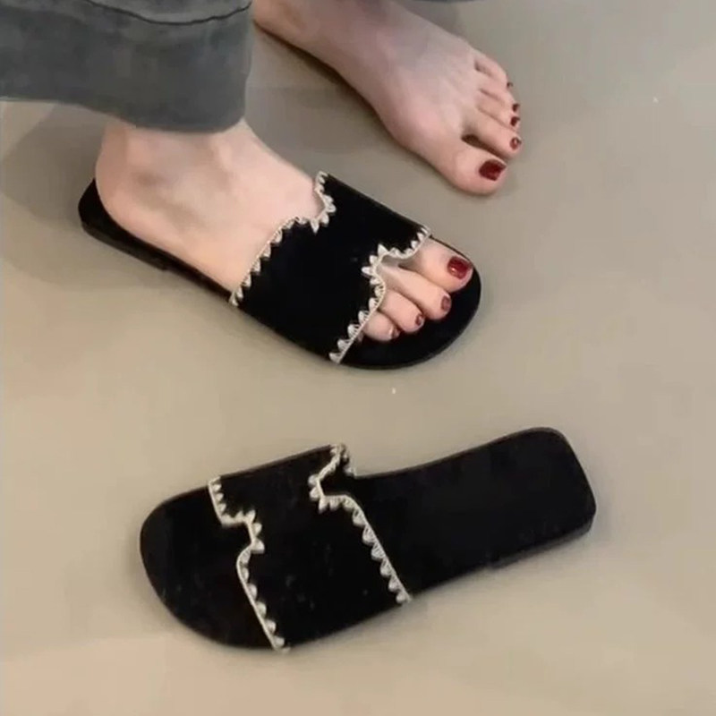 软皮版~法式平底复古度假风一字拖鞋女夏外穿海边沙滩露趾凉拖鞋