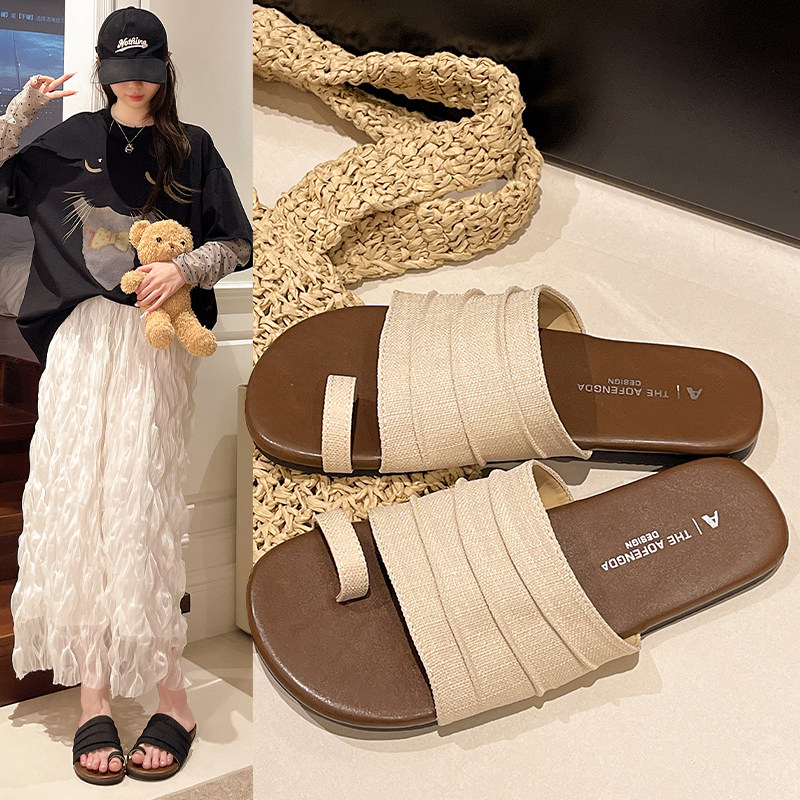 设计感小众套趾褶皱平底拖鞋女夏外穿2026新款韩版休闲软底凉拖鞋