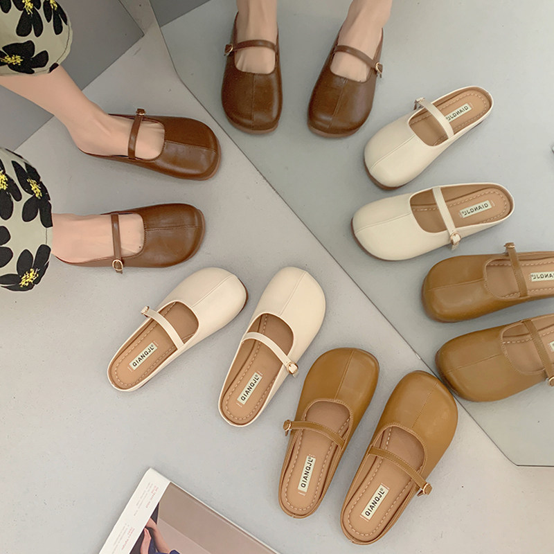 法式ins包头半拖鞋女秋外穿2025韩版方头软皮平底温柔百搭穆勒鞋