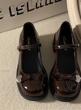 暗黑少女风圆头JK玛丽珍小皮鞋2025新款蝴蝶结粗跟单鞋显瘦高跟鞋