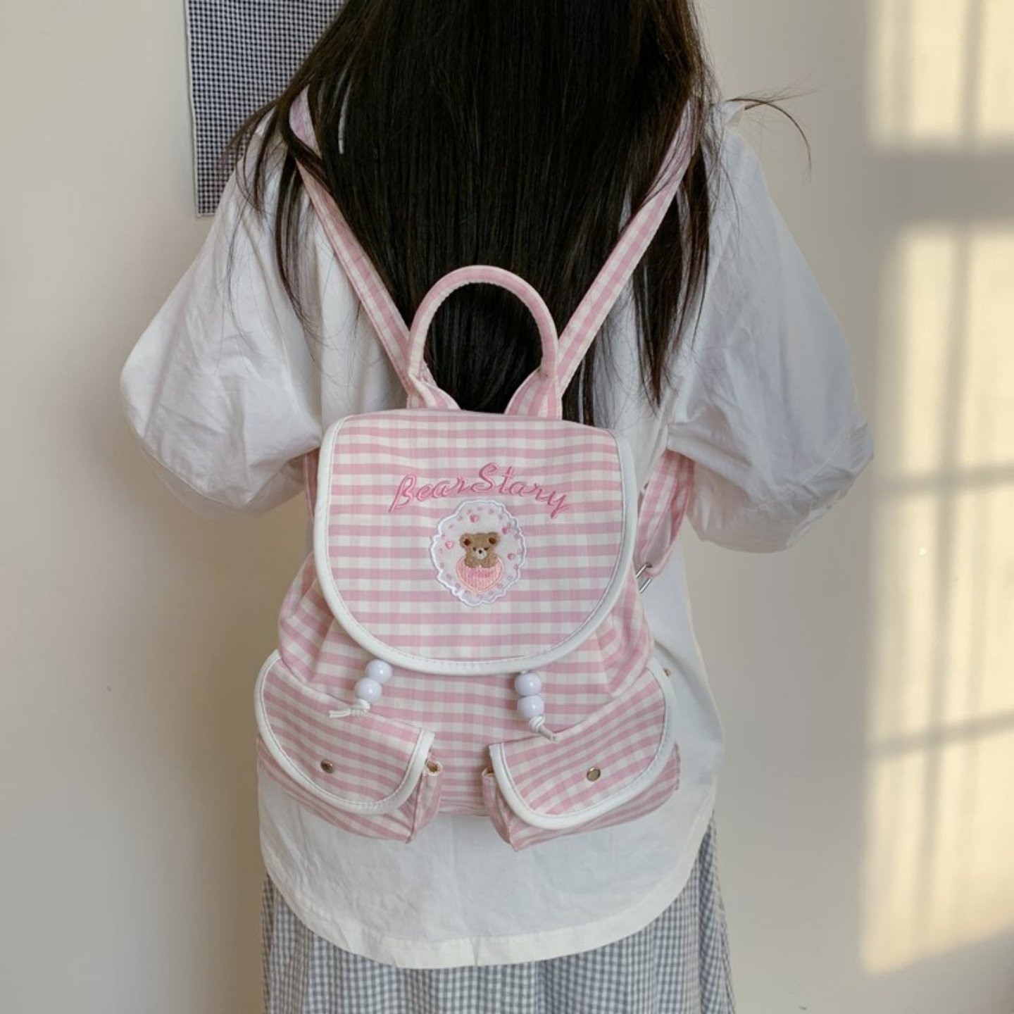 韩系学院风甜美高颜值双肩包格子卡通小狗2025新款背包森系ins风