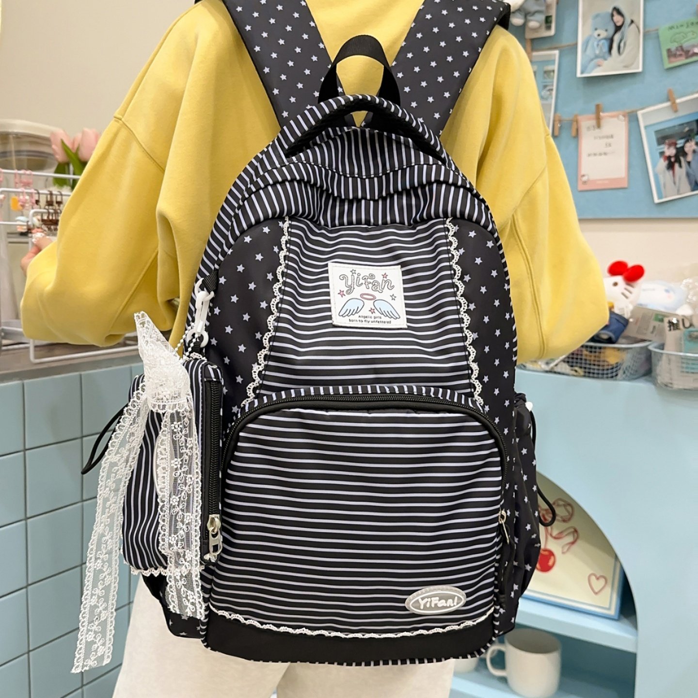 韩系学院风条纹书包女生双肩包初中生小清新高颜值轻便背包