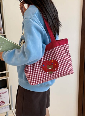 韩系ins红色格子帆布包女2025新款百搭单肩包学生上课通勤托特包