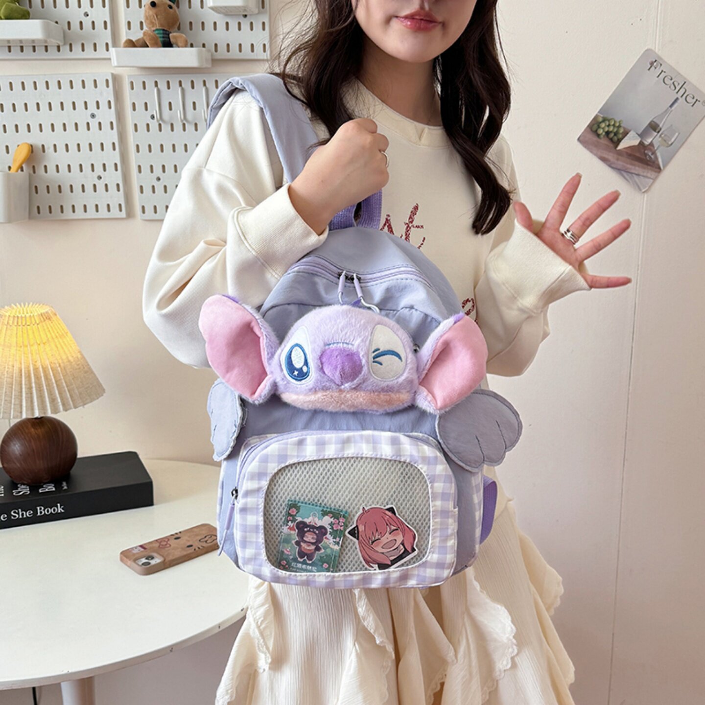 日系chic高颜值双肩背包少女心可爱吧唧格子透明层痛包学生旅游包