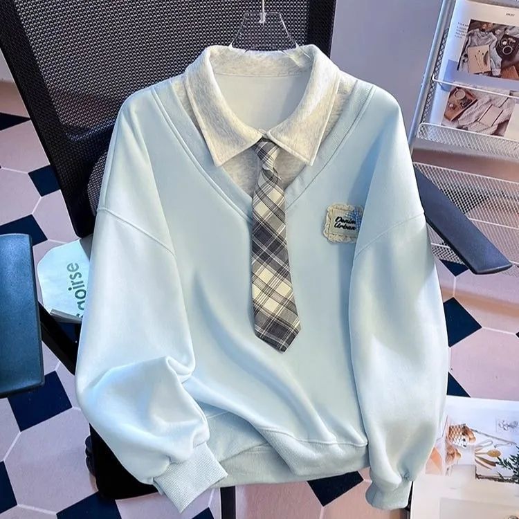 假两件领带polo领卫衣女春秋季2025新款爆款宽松无帽学院风上衣服