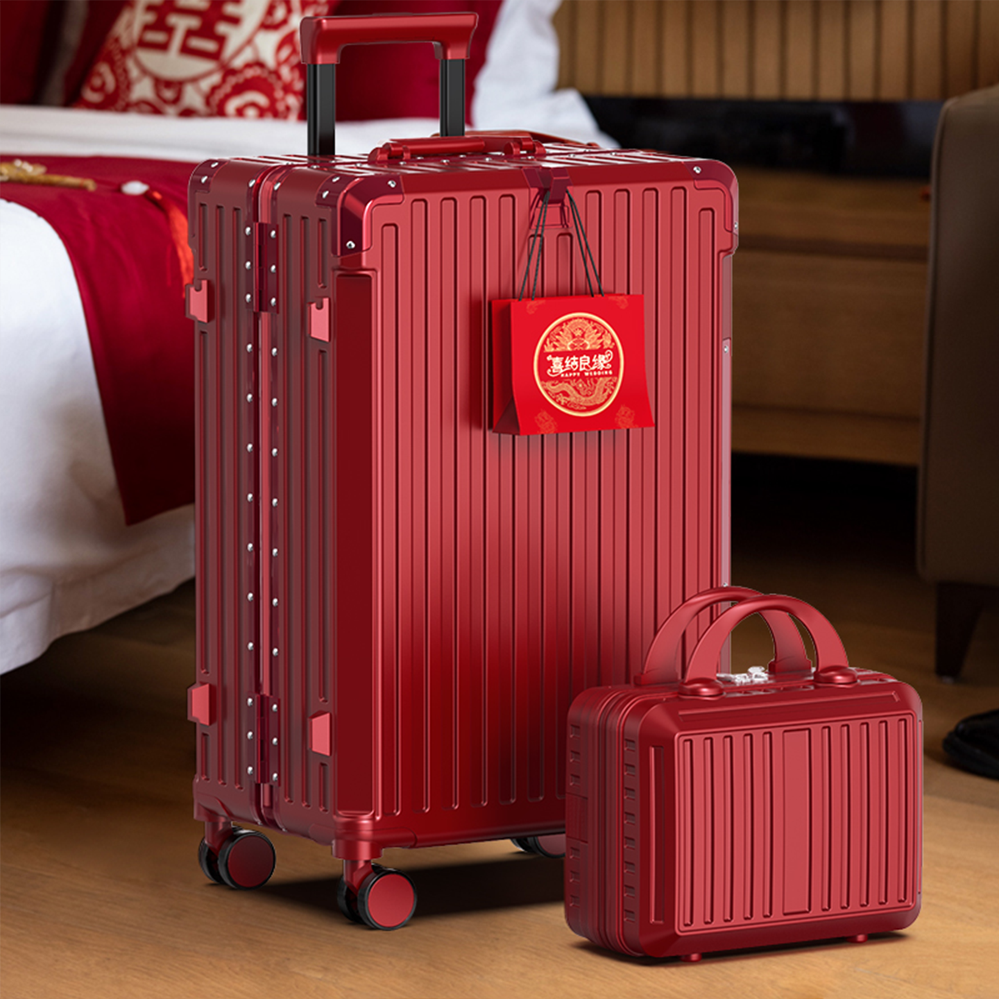 结婚行李箱子母红色陪嫁嫁妆箱女