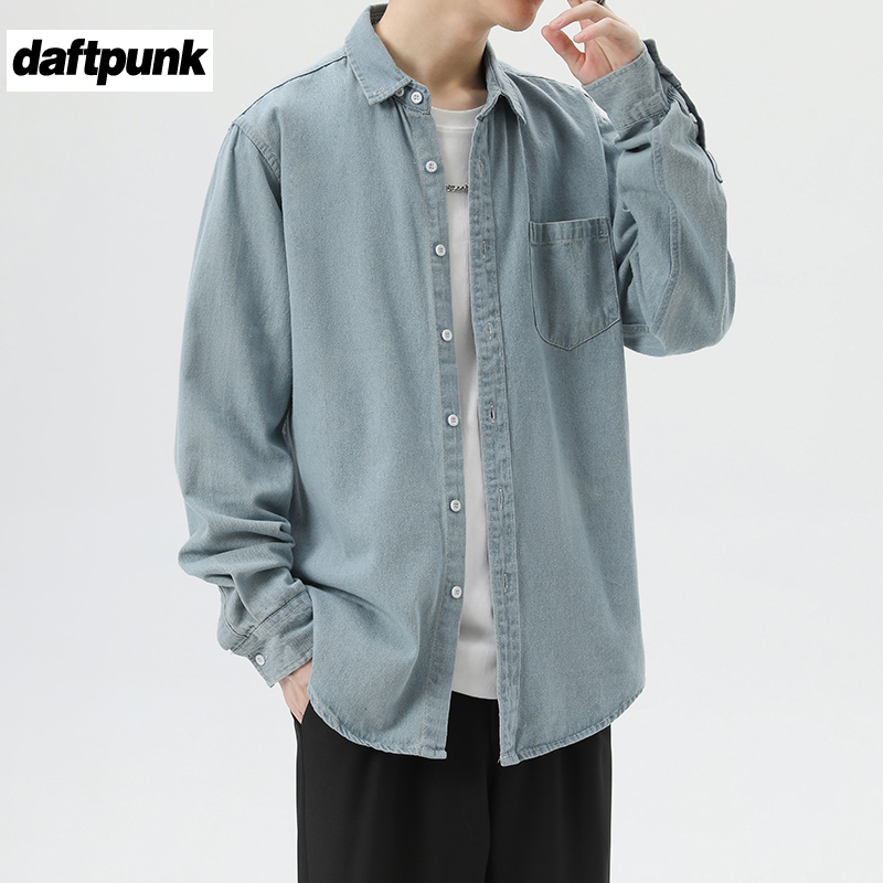 蓝色牛仔长袖衬衫男士春