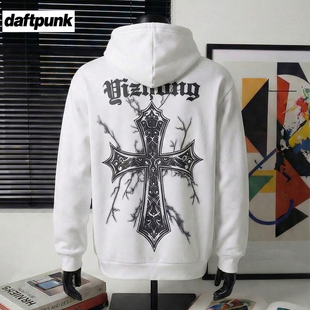 小众设计感痞帅十字架发泡字母重磅纯棉加绒加厚连帽卫衣外套男女