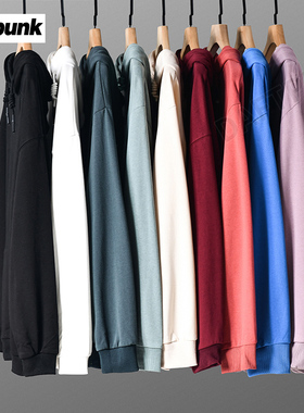 美式复古纯色重磅连帽卫衣男宽松潮牌情侣基础帽衫薄款外套ins潮