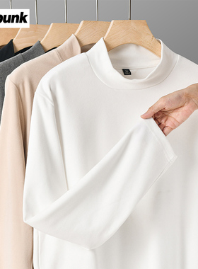 270G重磅加厚半高领打底衫男士长袖春秋美式白色中领t恤德绒卫衣