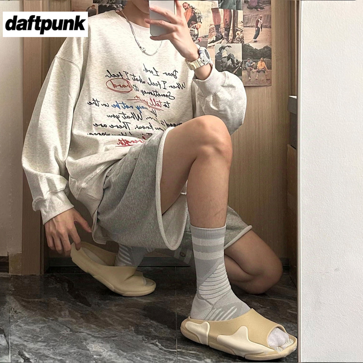 灰色毛圈美式短裤卷边运动篮球裤