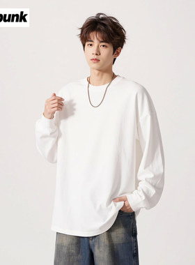 美式280g重磅长袖t恤男款春秋索罗娜圆领卫衣白色厚实内搭打底衫