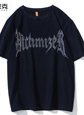 原创国潮烫钻t恤男女潮流纯棉短袖夏季宽松半袖印花情侣同款上衣