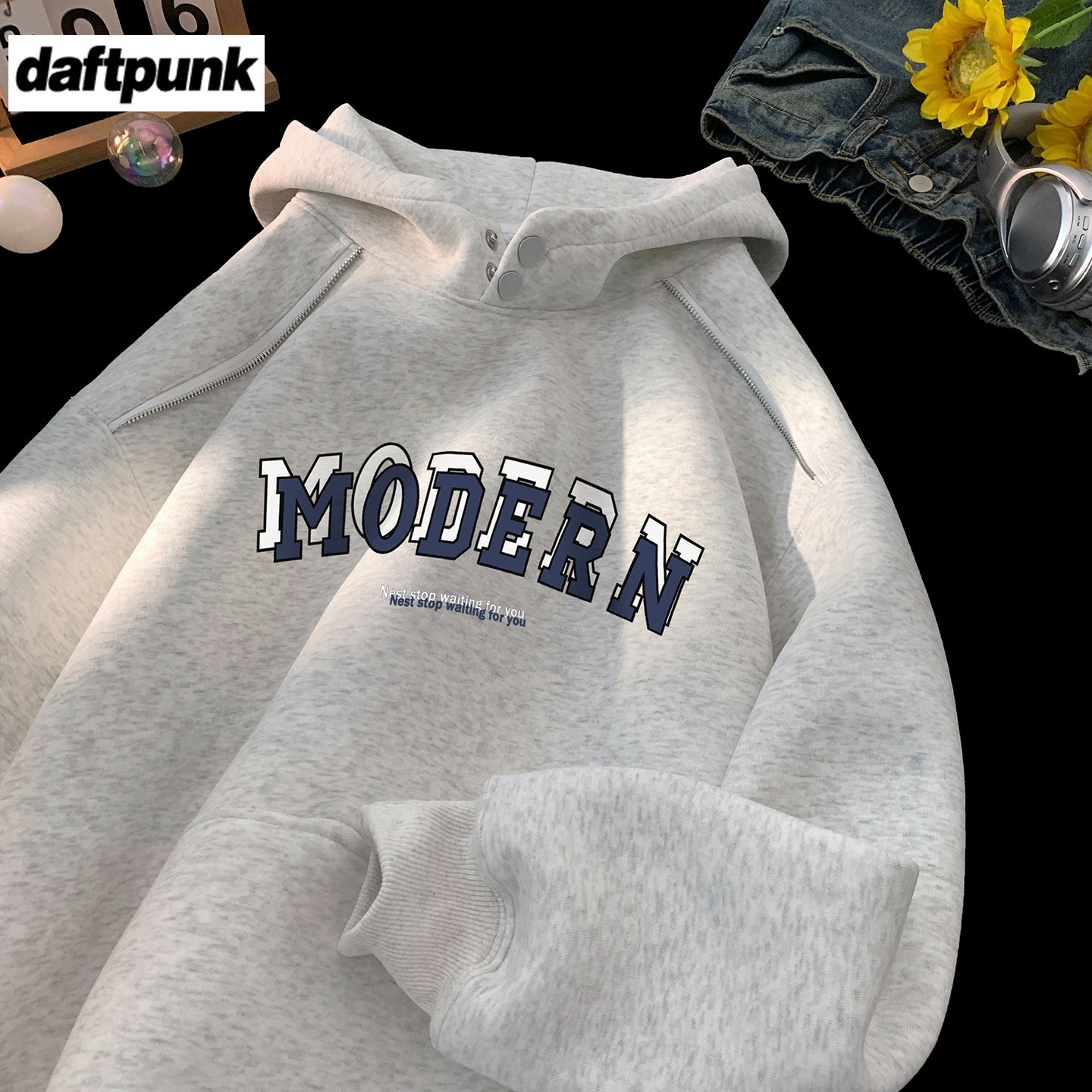 字母排扣加绒卫衣加厚硬挺外套