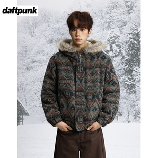 复古民族风提花连帽棉服男女冬季 设计感休闲毛领加厚潮流短外套