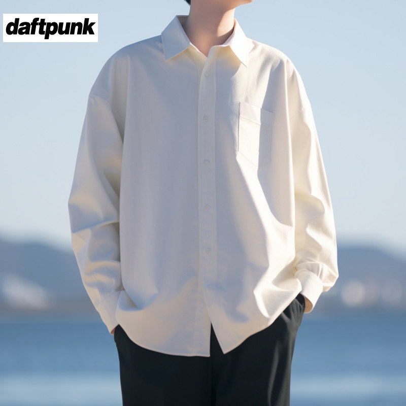 日系长袖衬衫男秋季纯色宽松百搭