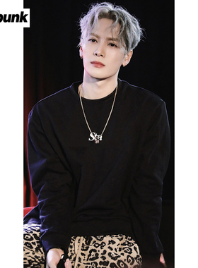 王嘉尔同款英文圆领卫衣sta男女款慵懒宽松压胶460g加绒百搭长袖