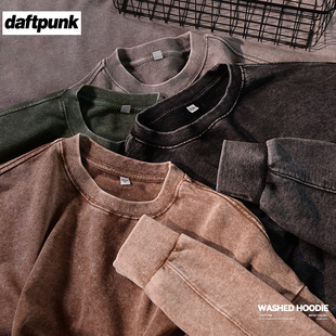 纯色350克重磅水洗棉圆领卫衣男宽松百搭打底情侣套头做旧上衣服