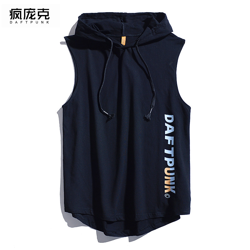 夏季新款简约英文健身带帽汗背心女连帽休闲运动百搭无袖背心衫男