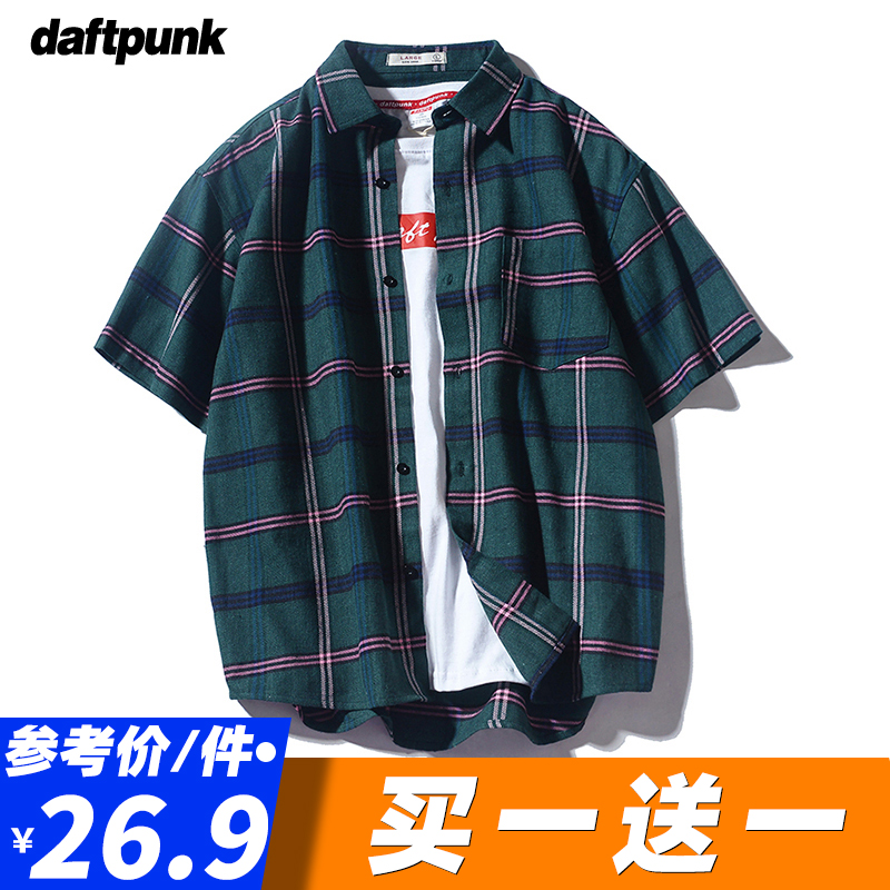 格子短袖衬衫男女夏季潮ins港风