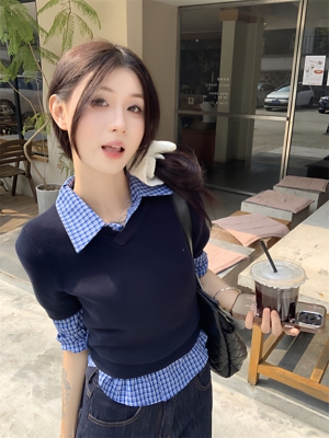 韩系套装藏蓝色套头毛衣女格纹衬衫修身长袖上衣秋季针织衫两件套