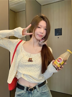 纯欲蕾丝碎花吊带两件套女开衫春夏新款小熊印花背心短款长袖外套