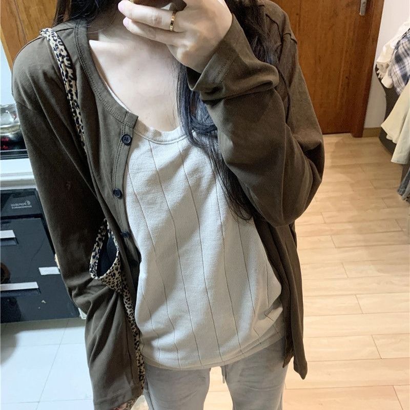 古早感穿搭针织衫两件套女纯欲韩系外套复古长袖开衫背心秋季套装