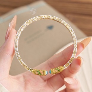 足银999.9描金珐琅彩吉言宫廷风实心开口手镯女 新中式 喜春来