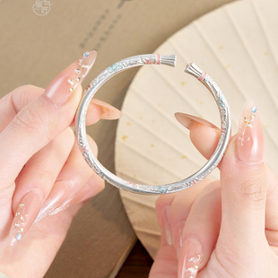 足银999.9古法轻奢百搭小众高级手镯女 国风新中式 银匠 粉蝴蝶