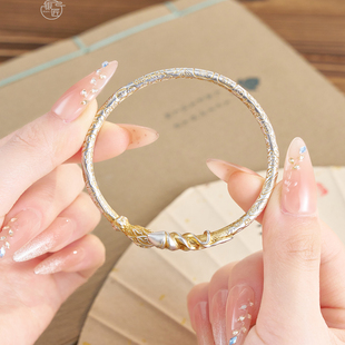 足银999.9描金吉言轻奢个性 国风新中式 百搭手镯女 火尖枪 银匠