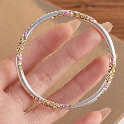 银匠[桃花醉]小众国风新中式描金珐琅足银999.9实心百搭闭口手镯