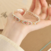 新中式 花满筑 国风足银999.9手镯描金珐琅繁花镂空开口轻奢镯子