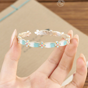 [玉兰花] 新中式国风足银999.9手镯女描金珐琅彩小众百搭开口镯子