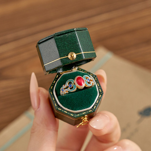 银匠[丹红]新中式国风999.9足银戒指女描金珐琅小众轻奢调节指环