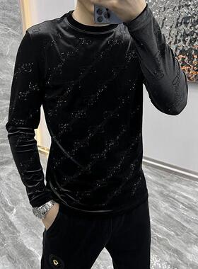 【现货】23186潮流时尚男士新款金丝绒长袖圆领打底衫烫钻休闲T恤