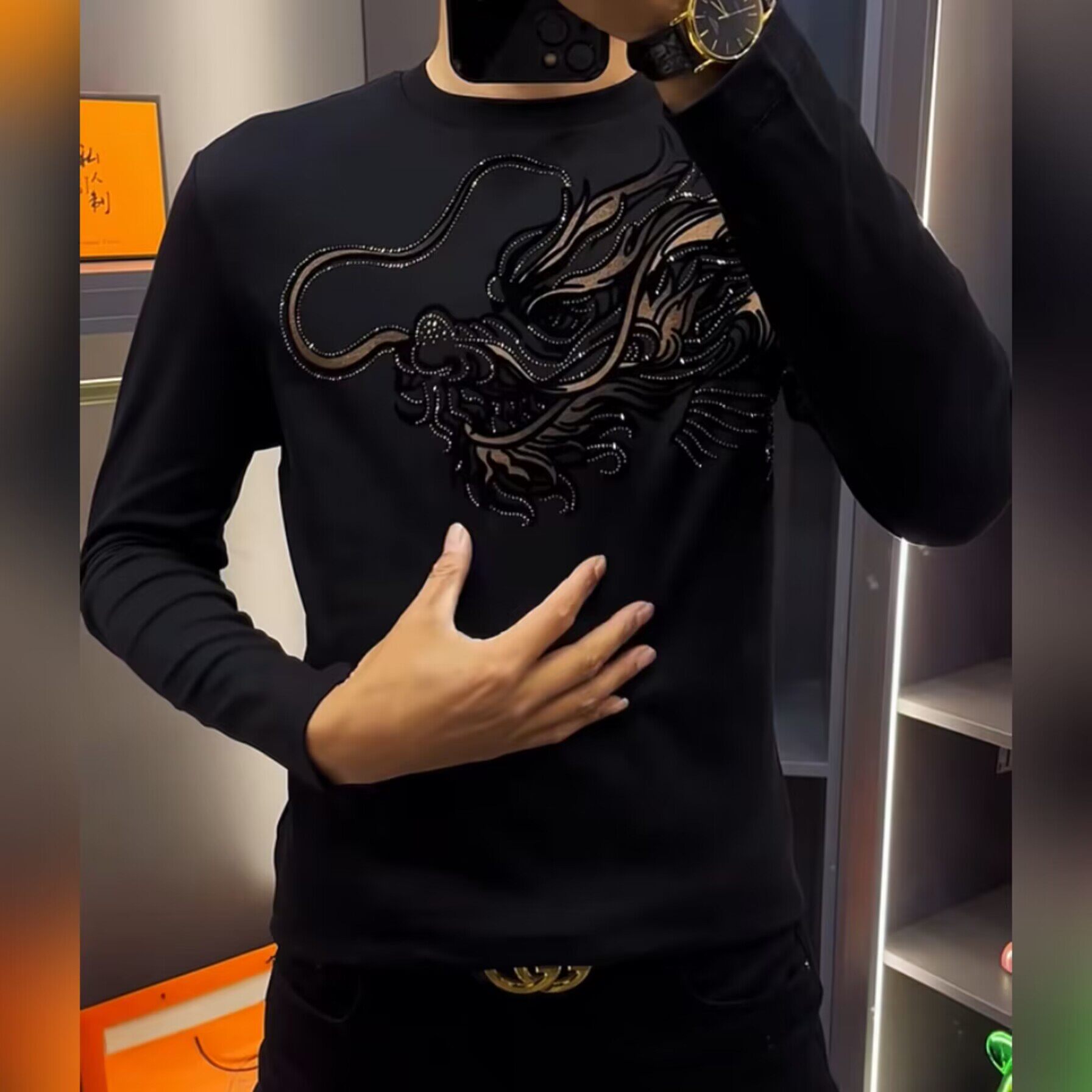 【现货】23161男士欧货烫钻长袖小衫百搭修身弹力休闲T恤衫打底衫