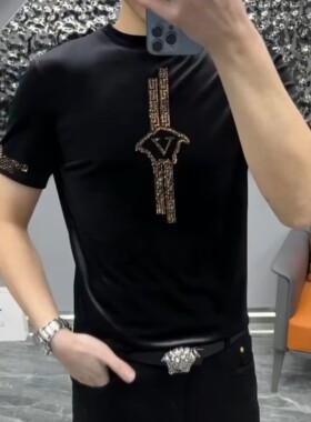 (现货)W668男士金丝绒烫钻短袖时尚新品帅气圆领欧货潮流休闲T恤