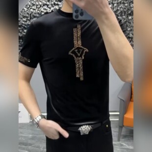(现货)W668男士金丝绒烫钻短袖时尚新品帅气圆领欧货潮流休闲T恤