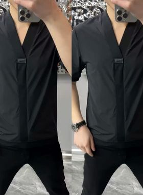 【现货】DX120夏季男士欧货商务休闲V领小衫时尚舒适百搭短袖T恤