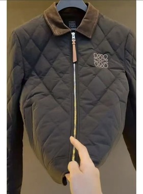 【现货】z068轻奢风翻领菱形格棉衣男保暖外套青年宽松休闲棉服