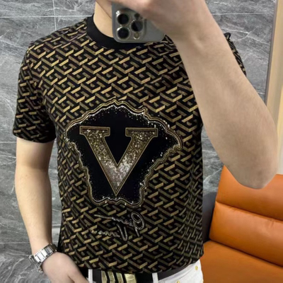 【现货】6036夏季新款男士休闲短袖烫钻时尚潮流圆领百搭半袖T恤