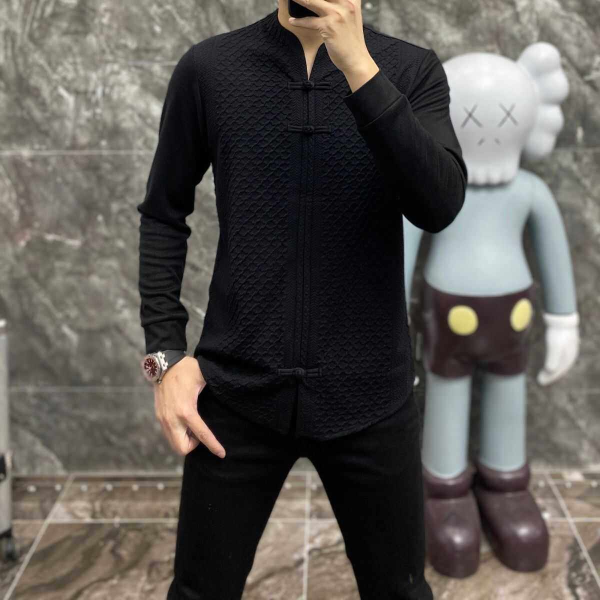 【现货】2366春季新款男士打底衫百搭中山装盘扣T恤中式修身时尚