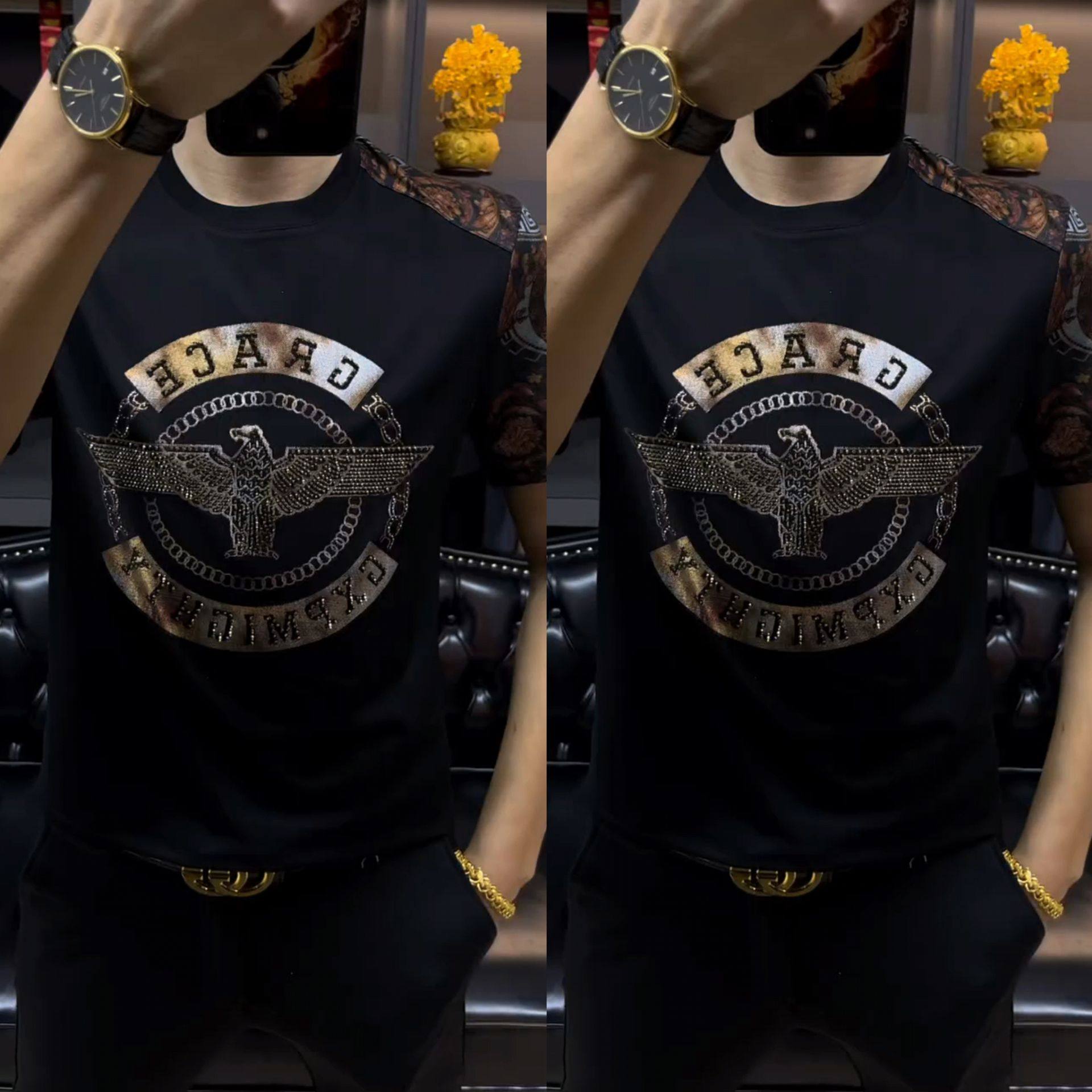 【现货】t655男士夏季高品质时尚拼接烫金圆领短袖潮流青年半袖