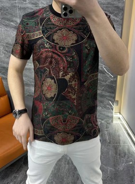 【现货】68100男士潮流短袖夏季新款轻奢欧货花色时尚修身