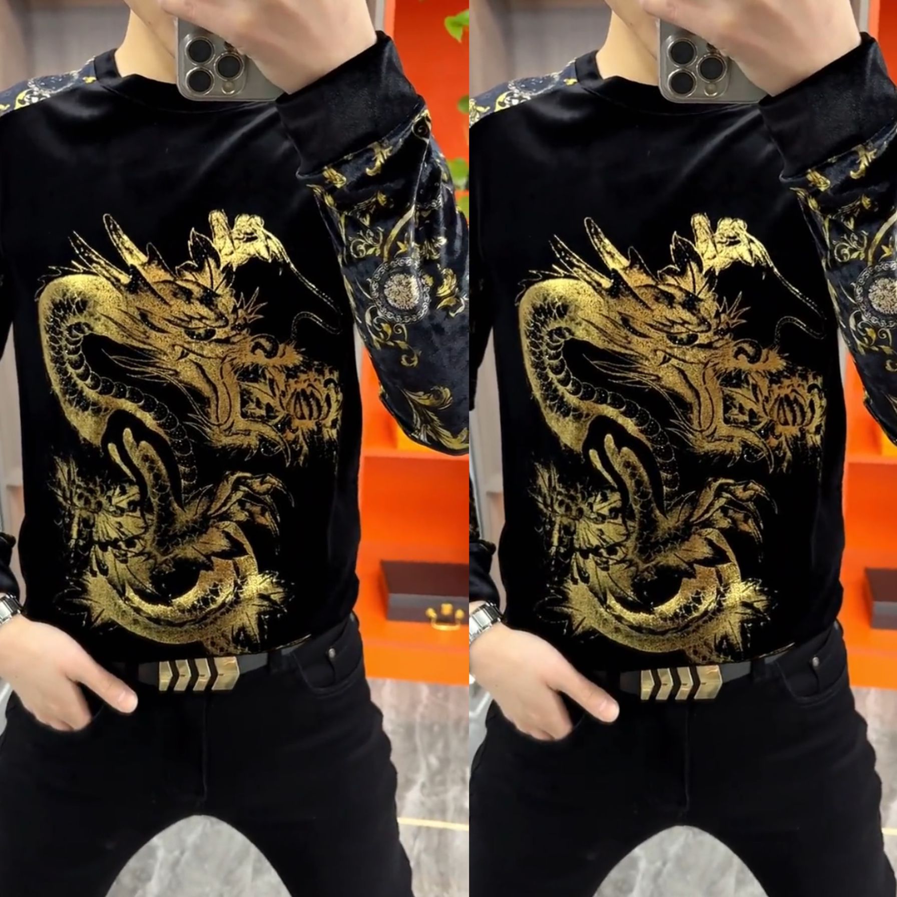 【现货】男士秋季新品金丝绒烫钻小衫轻奢欧货长袖黑色圆领T恤衫